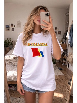 Shain Romanya Baskılı Bisiklet Yaka Beyaz Tişört T-Shirt