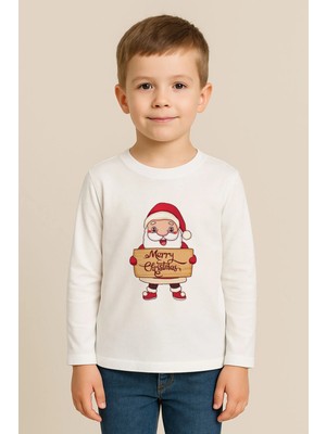 Shain Yeni Yıl Yılbaşı Noel Baba Christmas Baskılı Bisiklet Yaka Çocuk Uzun Kol Tişört Bluz