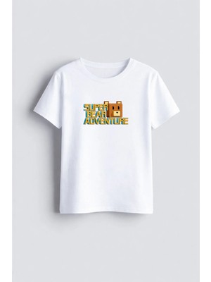 Shain Super Bear Adventure Baskılı Bisiklet Yaka Beyaz Çocuk Tişört T-Shirt
