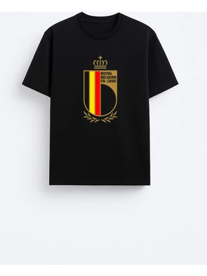 Shain Belçika Kraliyet Futbol Takımı Baskılı Pamuklu Kumaş Siyah Tişört T-Shirt