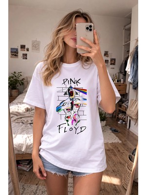 Shain Pink Floyd Baskılı Bisiklet Yaka Beyaz Tişört T-Shirt