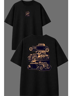 Vsrn Eski Yarış Arabaları Tasarım Ön Arka Baskılı Siyah Oversize T Shirt