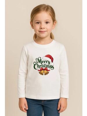Shain Yeni Yıl Yılbaşı Noel Baba Christmas Baskılı Bisiklet Yaka Çocuk Uzun Kol Tişört Bluz