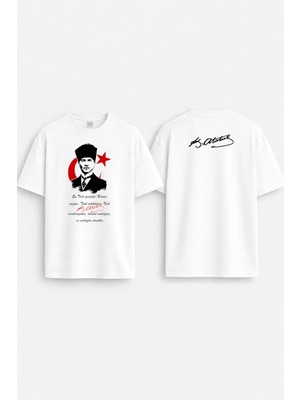 Shain 19 Mayıs Gençik Bayramı Atatürk Imza Baskılı Bisiklet Yaka Beyaz Tişört T-Shirt