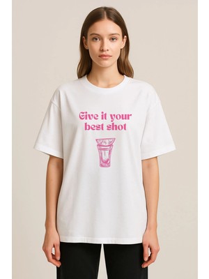 Shain Kokteyl Baskılı Bisiklet Yaka Beyaz Tişört T-Shirt
