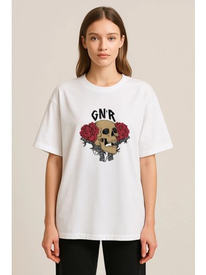 Shain Guns'n Roses Baskılı Bisiklet Yaka Beyaz Tişört T-Shirt