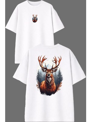 Vsrn Alageyik Tasarım Ön Arka Baskılı Beyaz Oversize T Shirt