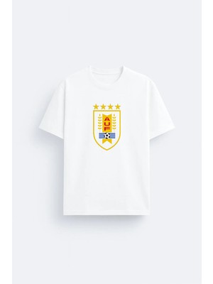 Shain Uruguay Milli Futbol Takımı Baskılı %100 Pamuklu Kumaş Beyaz Tişört T-Shirt