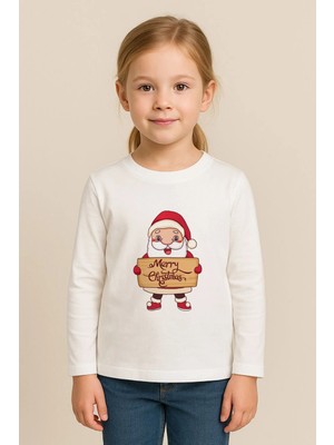 Shain Yeni Yıl Yılbaşı Noel Baba Christmas Baskılı Bisiklet Yaka Çocuk Uzun Kol Tişört Bluz