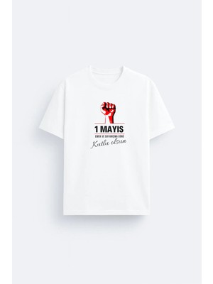 Shain 1 Mayıs Işci Bayramı Baskılı Bisiklet Yaka Beyaz Tişört T-Shirt