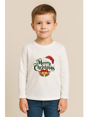 Shain Yeni Yıl Yılbaşı Noel Baba Christmas Baskılı Bisiklet Yaka Çocuk Uzun Kol Tişört Bluz