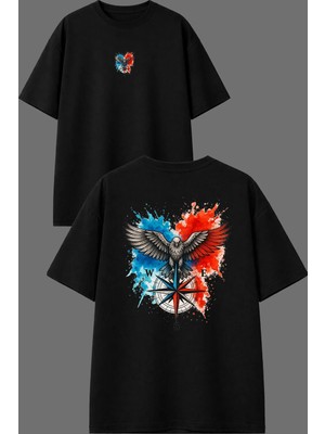 Vsrn Kırmızı Mavi Kuş Tasarım Ön Arka Baskılı Siyah Oversize T Shirt