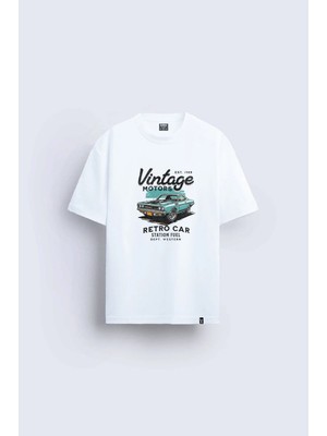 Shain Vintage Baskılı Bisiklet Yaka Beyaz Tişört T-Shirt