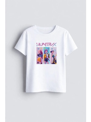 Shain K-Pop Demon Hunters Baskılı Bisiklet Yaka Beyaz Çocuk Tişört T-Shirt