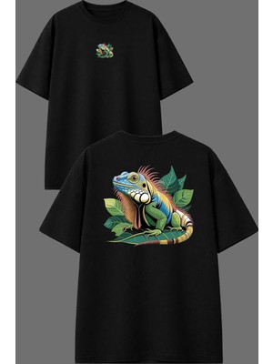 Vsrn Bukalemun Renkli Tasarım Ön Arka Baskılı Siyah Oversize T Shirt