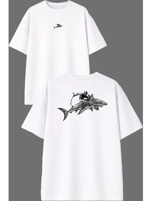 Vsrn Köpekbalığı Tasarım Ön Arka Baskılı Beyaz Oversize T Shirt