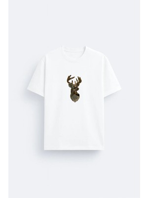 Shain Avcı Hunter Geyik Baskılı Bisiklet Yaka Beyaz Tişört T-Shirt