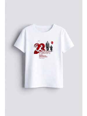 Shain 23 Nisan Ulusal Egemenlik Çocuk Bayramı Baskılı Bisiklet Yaka Beyaz Çocuk Tişört T-Shirt