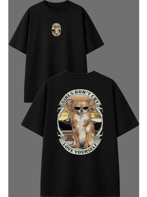 Vsrn Gırls Dont Cry Tasarım Ön Arka Baskılı Siyah Oversize T Shirt