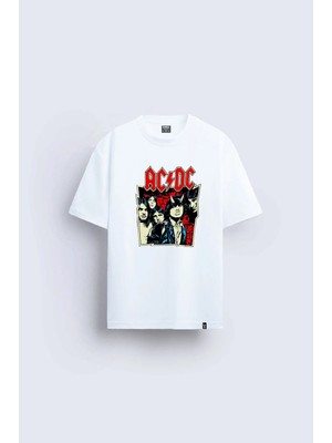 Shain Ac Dc Baskılı Bisiklet Yaka Beyaz Tişört T-Shirt