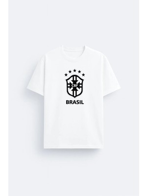 Shain Brezilya Milli Futbol Takımı Logo Baskılı %100 Pamuklu Kumaş Beyaz Tişört T-Shirt