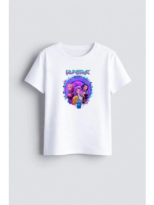 Shain K-Pop Demon Hunters Baskılı Bisiklet Yaka Beyaz Çocuk Tişört T-Shirt