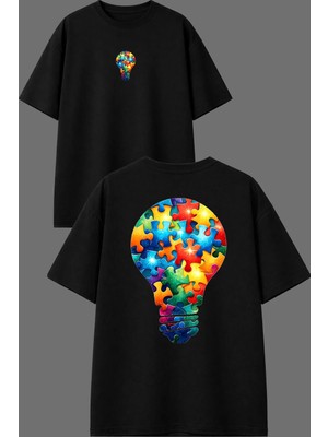 Vsrn Yap Boz Ampul Tasarım Ön Arka Baskılı Siyah Oversize T Shirt