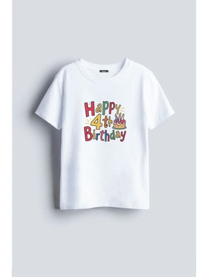 Shain Doğum Günü Happy Brithday 4 Yaş Baskılı %100 Pamuklu Kumaş Beyaz Tişört