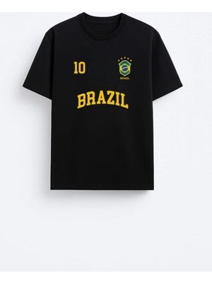 Shain Brezilya Futbol Takım Logo Baskılı Pamuklu Kumaş Siyah Tişört T-Shirt