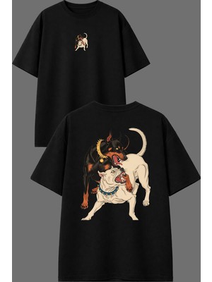 Vsrn Pitbul Doberman Tasarım Ön Arka Baskılı Siyah Oversize T Shirt