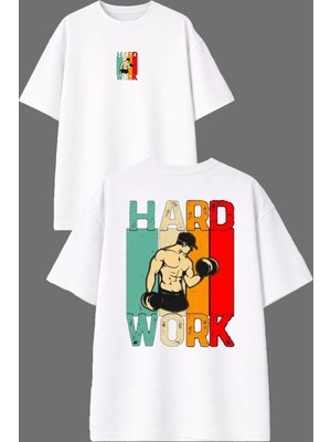 Vsrn Hard Work Gym Tasarım Ön Arka Baskılı Beyaz Oversize T Shirt