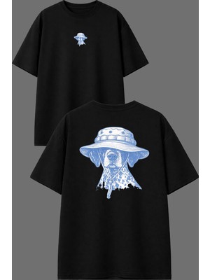 Vsrn Mavi Köpek Tasarım Ön Arka Baskılı Siyah Oversize T Shirt