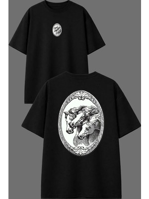 Vsrn At Tablosu Tasarım Ön Arka Baskılı Siyah Oversize T Shirt