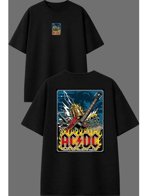 Vsrn Poster Acdc Tasarım Ön Arka Baskılı Siyah Oversize T Shirt