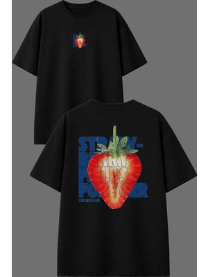 Vsrn Straw Berry Tasarım Ön Arka Baskılı Siyah Oversize T Shirt