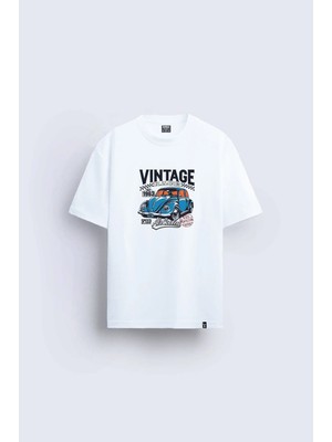 Shain Vintage Baskılı Bisiklet Yaka Beyaz Tişört T-Shirt