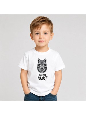 Shain Yavru Kurt Yazılı Kurt Baskılı Pamuklu Kumaş Beyaz Tişört T-Shirt
