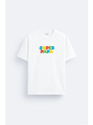 Shain Süper Dad Baba Babalar Günü Baskılı Pamuklu Kumaş Beyaz Tişört T-Shirt