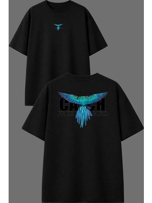 Vsrn Bırd Catch Tasarım Ön Arka Baskılı Siyah Oversize T Shirt