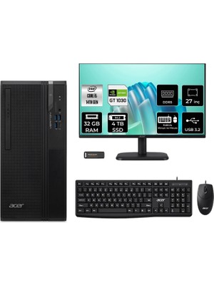 Acer Veriton S2720G Core I5 14400 GT1030 4gb 32GB 4tb SSD 27" Fhd Freedos DTR1PEM002P788 Masaüstü Bilgisayar & Per4 USB