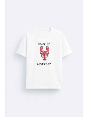 Shain Your My Lobster Istakoz Baskılı %100 Pamuklu Kumaş Beyaz Tişört T-Shirt