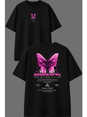 Vsrn You Are Kelebek Tasarım Ön Arka Baskılı Siyah Oversize T Shirt