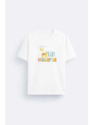 Shain Ramazan Bayramı Ramadan Mubarak Baskılı Bisiklet Yaka Beyaz Tişört T-Shirt