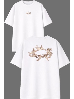 Vsrn Melekler Tasarım Ön Arka Baskılı Beyaz Oversize T Shirt