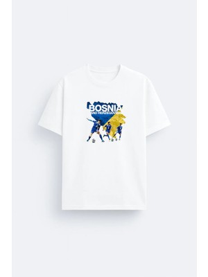 Shain Bosna Hersek Milli Futbol Takımı Baskılı %100 Pamuklu Kumaş Beyaz Tişört T-Shirt