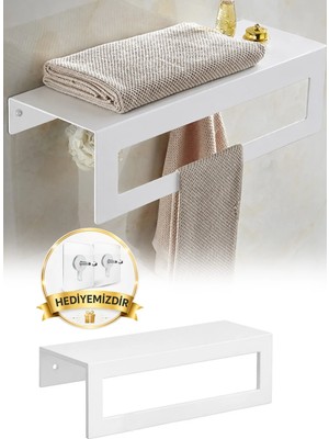 Omilife Beyaz Raflı Havlu Askısı Metal Banyo Raflı Havluluk 27 cm Otel Tipi Duvar Havlu Rafı