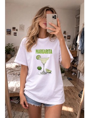 Shain Martini Içki Baskılı Bisiklet Yaka Kadın Beyaz Tişört T-Shirt