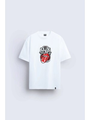 Shain Rolling Stones Baskılı Bisiklet Yaka Beyaz Tişört T-Shirt