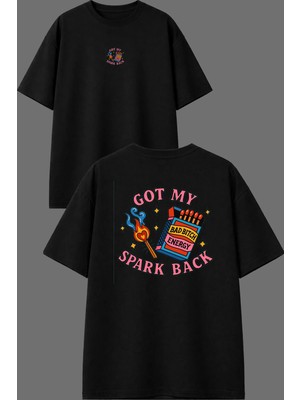 Vsrn Got My Spark Tasarım Ön Arka Baskılı Siyah Oversize T Shirt