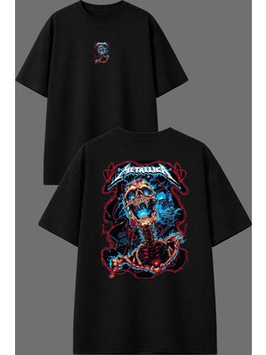Vsrn Metallica Elektrikli Iskelet Tasarım Ön Arka Baskılı Siyah Oversize T Shirt